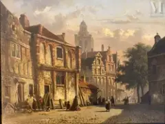 Rue flamande animée de personnages by Adrianus Eversen, Huile sur panneau, sold Nov 2025