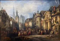 Vue d’une rue animée à Amiens by Eugène Balan, Huile sur toile, sold Nov 2025