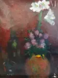 Bouquet de fleurs sur fond rouge by Fritz Mühsam, Huile sur toile d'origine, sold Oct 2025