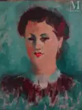 Portrait de femme sur fond bleu by Fritz Mühsam, Huile sur toile d'origine, sold Oct 2025