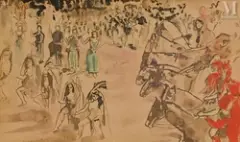 Les amazones et les cavaliers by Max Jacob, Encre, trait de plume et gouache sur papier, sold Oct 2025
