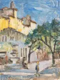 Promeneurs dans un village du Midi by Slomszynska Olga dite Olga Slom, Huile sur carton, sold Oct 2025