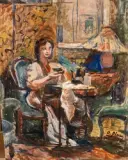 Femme à la tasse de thé by Slomszynska Olga dite Olga Slom, Huile sur carton, sold Oct 2025