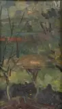 Paysage de forêt by Alexander Orlov, Huile sur carton, sold Oct 2025