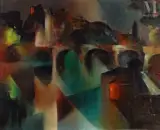 Ville cubiste by Stephane Wrobel, 1951, Huile sur toile, sold Oct 2025