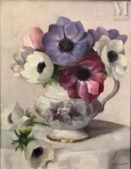 Bouquet de fleurs dans un pichet by Simone Gaudin, Huile sur toile, sold Sep 2025