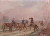 Scène de chasse à courre by Karl Reille, Huile sur carton, sold Sep 2025