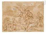 Ange voletant au-dessus d’un groupe de personnes by Ludovico Dorigny, Sanguine, plume et lavis brun et rehauts de gouache blanche, sold Sep 2025