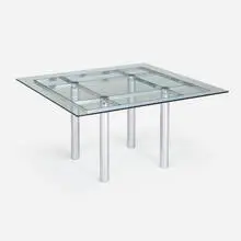 André table, model 56-337 by Tobia Scarpa, glass, chrome-plated steel, leather, sold May 2023