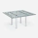 André table, model 56-337 by Tobia Scarpa, glass, chrome-plated steel, leather, sold May 2023