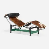 LC4 chaise lounge by Pierre Jeanneret and Le Corbusier Charlotte Perriand, enameled steel, chrome-plated steel, leather, ponyhide, rubber, sold May 2023