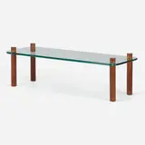 Coffee table by Adrian Pearsall, c. 1965, glass, walnut, sold May 2023