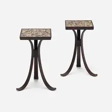 Occasional tables, pair by Edward Wormley, c. 1955, mahogany, glazed earthenware, grout, sold May 2023