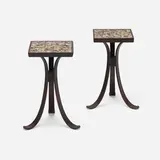 Occasional tables, pair by Edward Wormley, c. 1955, mahogany, glazed earthenware, grout, sold May 2023