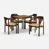 Game table and chairs, set of four by Edward Wormley, c. 1967, lacquered mahogany, rosewood, mahogany, upholstery, sold May 2023