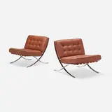 Lounge chairs, pair by Ludwig Mies van der Rohe, c. 1975, chrome-plated steel, leather, sold May 2023