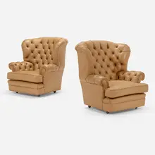 Lounge chairs, pair by Modern, c. 1970, leather, sold May 2023