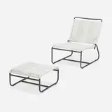 Sleigh lounge chair, model C-5720 and ottoman, model C-5726 by Walter Lamb, patinated brass, cotton-nylon cord, plastic, sold May 2023