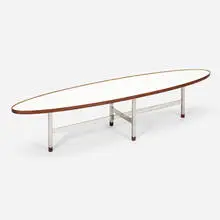 Coffee table, model 870 by Edward Wormley, 1960, chrome-plated brass, laminate, walnut, sold May 2023