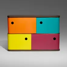 Swingline cabinet by Henry P. Glass, 1952, lacquered masonite, masonite, walnut, sold May 2023