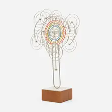 Untitled (kinetic sculpture) by Joseph Burlini, 1978, chrome-plated and lacquered steel, acrylic, walnut, sold May 2023