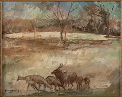 Antelope in a Landscape by Yang Yang, Oil on Board, offered Jun 2022
