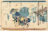 Travelers at Mishima in Morning Mist by Utagawa Hiroshige, Woodblock Print, offered Feb 2022