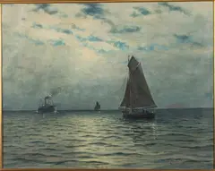 Moonlit Scene with Boats by Lauritz Sorensen, Oil on Canvas, offered Oct 2021