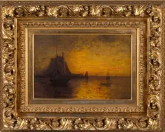Sunset Glow, Gloucester Harbor by Frank Knox Rehn, Oil on Board, offered Oct 2021