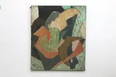 Mid Century Modern abstract painting by Annette Robyns, Oil on canvas, unframed dimensions, offered Jul 2017