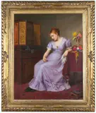 Gilded age painting of a young women sitting near a Chinese lacquer keepsake cabinet with dangling pearls and gazing at a watch by George Arthur Gaskell, 1875, Oil on canvas, offered Nov 2022