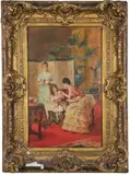 Girl with Doll having Tea by Georges Van den Bos, Oil on canvas. 1857, offered Nov 2022