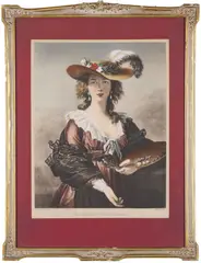 Self Portrait (of the artist) in a Straw Hat (1782). Color by Élisabeth Louise Vigée Le Brun, lithograph. Publisher's copyright on the bottom right. (Late 19th - Early 20th Century), offered Nov 2022