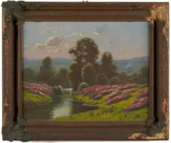 Seine in Central France, Aug 15, 1919 by H. Peabody Flagg, Oil on artist board, offered May 2022