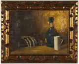 Still life with Skeleton Hand and Drink.' by Cleve Miller, Oil on canvas, offered May 2022
