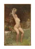 Jeune Femme Nue et Bacchus Dans un Jardin - 1907 by Albert Cresswell, oil on canvas, sold Sep 2024