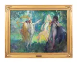 Pan with Wood Nymphs - early 20th century by Louis Frederick Berneker, oil on canvas, sold Sep 2024