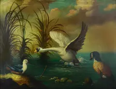 Painting of Swan and Duck by Ira Monte, oil on canvas, sold Dec 2018