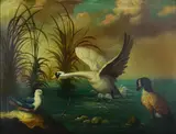 Painting of Swan and Duck by Ira Monte, oil on canvas, sold Dec 2018