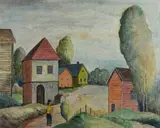 farm landscape painting by Theo Wahl, mixed media on paper, offered Nov 2018