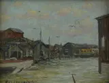 harbor scene painting by Roy Edwin Patton, oil on board, sold Nov 2018