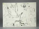 pen and ink drawing with a man tied to the mast of a sailboat in the background with a man washed up on shore by Lajos Szalay, ink on paper, sold Oct 2018