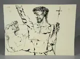 pen and ink drawing of Jesus wearing a crown of thorns surprising King David and naked Bathsheba by Lajos Szalay, ink on paper, sold Oct 2018