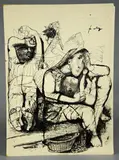 pen and ink drawing with a sleeping woman cradling a baby in the foreground and a sleeping man the background by Lajos Szalay, ink on paper, sold Oct 2018