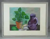 still life painting of a potted plant and a purple jug by Ruth Erickson, oil on unstretched canvas, offered Oct 2018