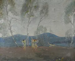 Untitled by Blendon Campbell, oil painting titled "The Three Birches",; five women dancing in the woods near a pond, sold Oct 2018