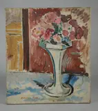 still life of flowers on a table by Salvatore Pinto, acrylic on canvas, sold Oct 2018