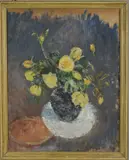 still life of potted flowers by Joseph Pinto Sr., acrylic on panel, sold Oct 2018