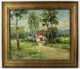 farm landscape by Eugeniusz Dzierżencki, oil on canvas, sold Jan 2023