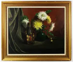 still life with Chinese figure by Herbert Abrams, oil on canvas, sold Jan 2023